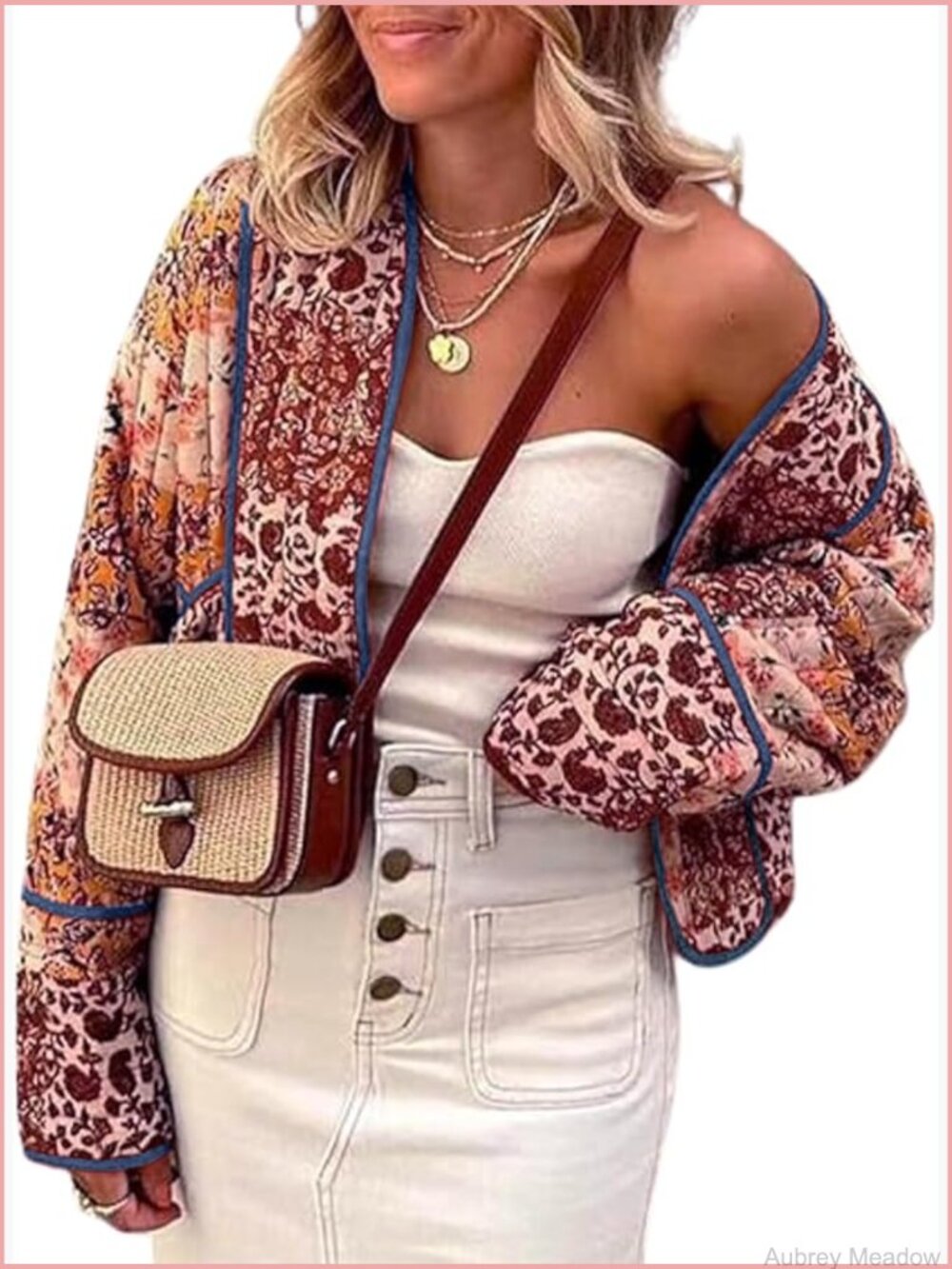 Cropped Floral Reversible Quilted Puffer Jacket Cardigan Lightweight